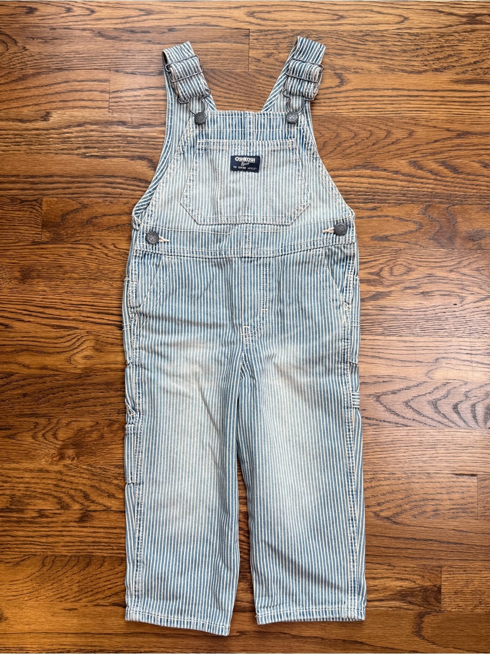 OshKosh B'gosh Kids Light Blue White Pinstripe Train Conductor Overalls Size 2T